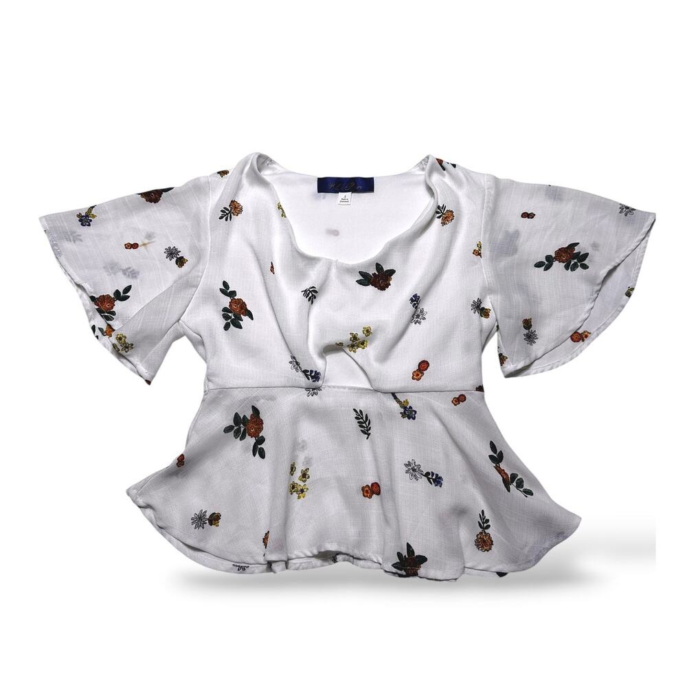 BlePur White + Multi Color Floral Peplum Top Size Small